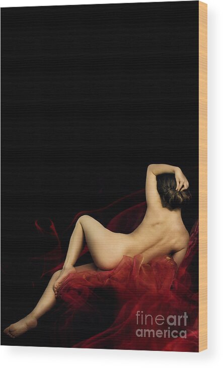 Woman Wood Print featuring the photograph Woman on red drapery by Jelena Jovanovic