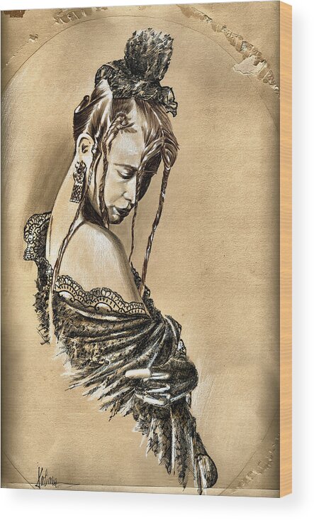 Portrait In Ink Wood Print featuring the drawing Woman portrait - After the Party by Daliana Pacuraru
