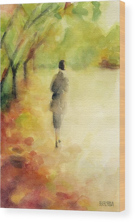 Earth Tone Wood Print featuring the painting Woman Walking Autumn Landscape Watercolor Painting by Beverly Brown Prints