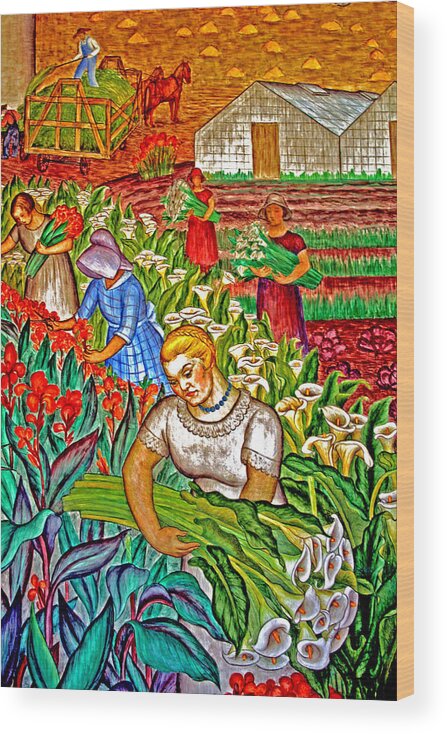 Coit Tower Wood Print featuring the digital art Women Gathering Flowers by Joseph Coulombe