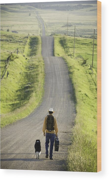 Pets Wood Print featuring the photograph Young man walking with dog down rural road, rear view by Zia Soleil