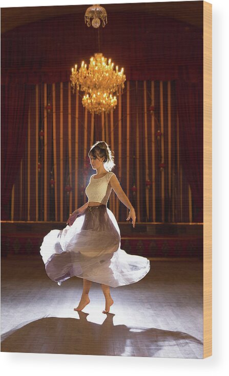 Shadow Wood Print featuring the photograph Young Woman Dancing Barefoot In Ballroom by Phil Payne Photography