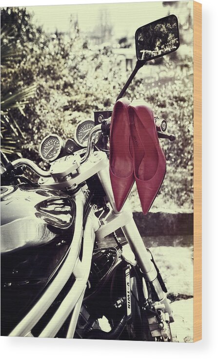 Shoes Wood Print featuring the photograph Motorcycle With Shoes #1 by Joana Kruse