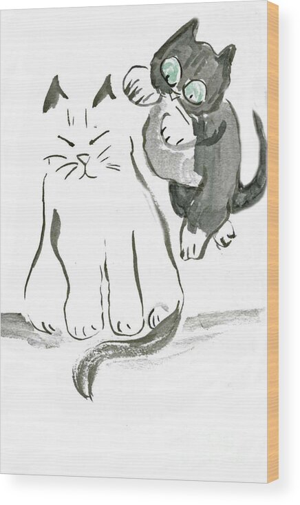 Cat+art Cat+cartoon Felines Sumi Kitten Neko Cat+drawings Cat+illustrations Funny Happy Humor Whimsy Whimsical Pets Cat  Wood Print featuring the painting Wheeeeeee #1 by Ellen Miffitt