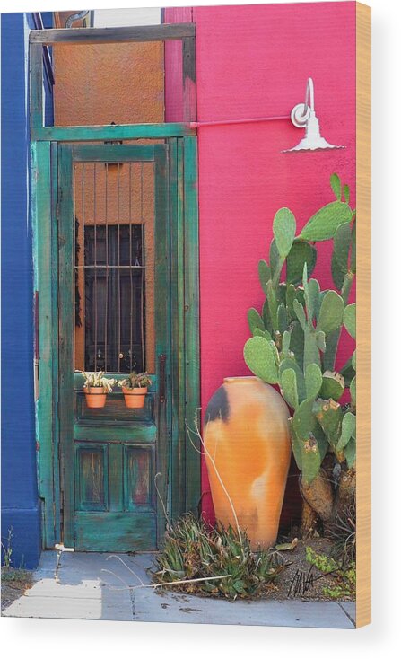 Tucson Wood Print featuring the photograph Barrio Door Pink Blue and Gray by Mark Valentine