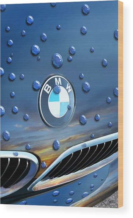 Bmw Wood Print featuring the painting BMW - Roundel and Raindrops by Rod Seel