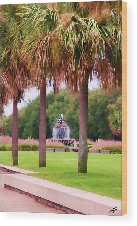 Pineapple Wood Print featuring the digital art Charleston Pineapple Fountain by Susan Cliett