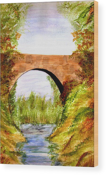 Watercolor Wood Print featuring the painting Country Bridge by Paula Ayers