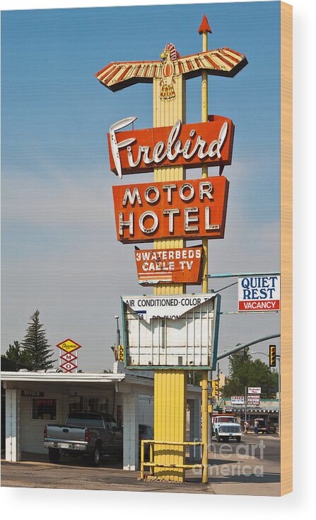 Air Conditioned Wood Print featuring the photograph Firebird Motor Hotel by Lawrence Burry