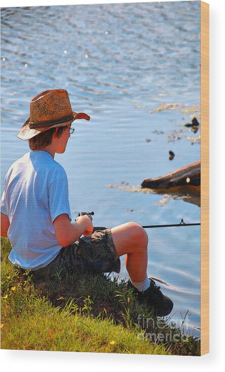 Water Wood Print featuring the photograph Fishing Boy by Anjanette Douglas