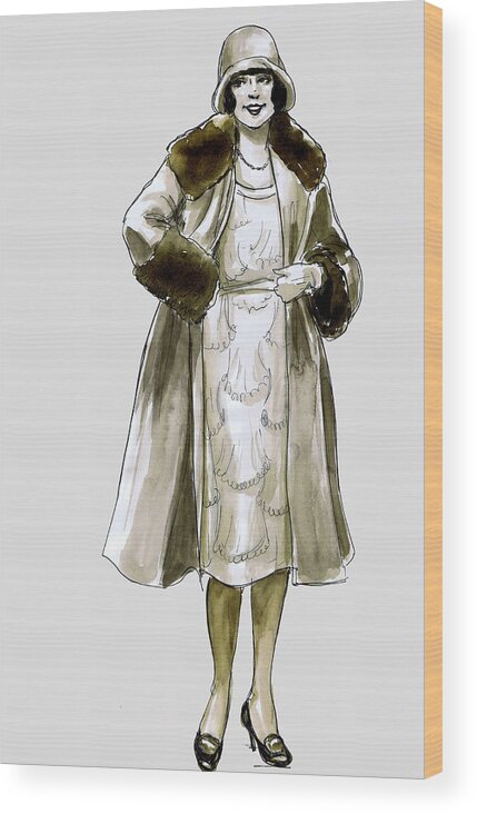 Nostalgia Wood Print featuring the drawing Flapper Fur Coat by Mel Thompson
