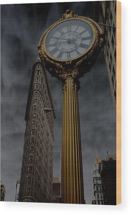 New York Wood Print featuring the photograph Flatiron Building and Clock by Andrew Fare