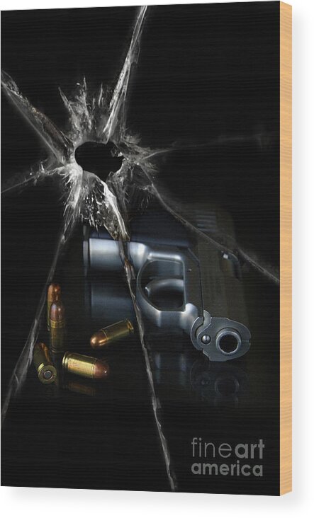 Gun Wood Print featuring the photograph Handgun Bullets and Bullet Hole by Jill Battaglia