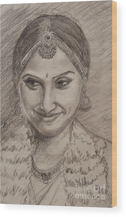 Indian Bride Wood Print featuring the drawing Happy bride by Asha Sudhaker Shenoy
