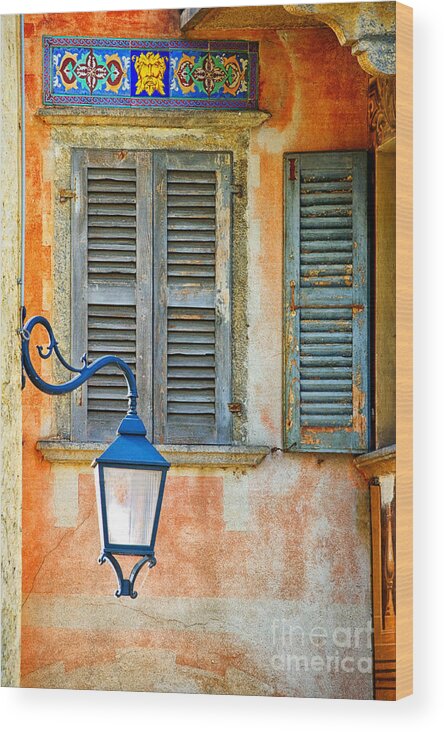 Window Wood Print featuring the photograph Italian street lamp with window and decorated wall by Silvia Ganora