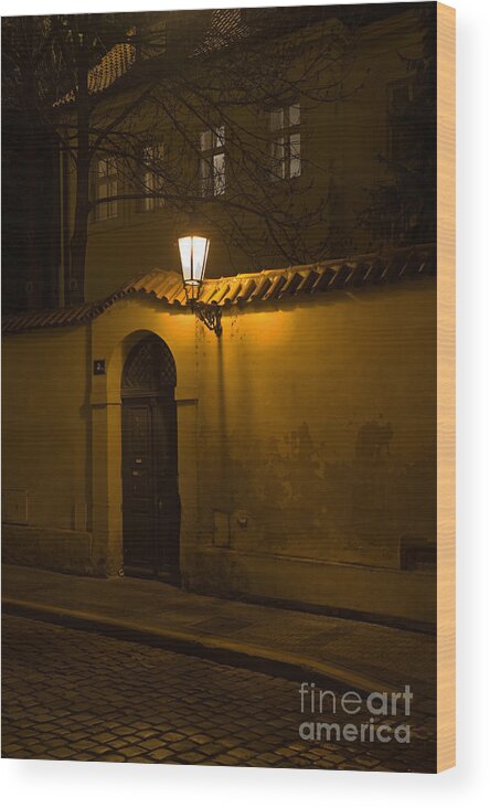 Light Wood Print featuring the photograph Street in Prague by night by Jorgen Norgaard