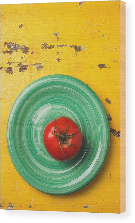 Tomato Wood Print featuring the photograph Tomato on green plate by Garry Gay