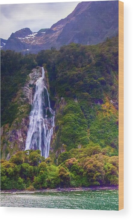 Milford Sound Wood Print featuring the photograph Waterfalls at Milford Sound by Harry Strharsky