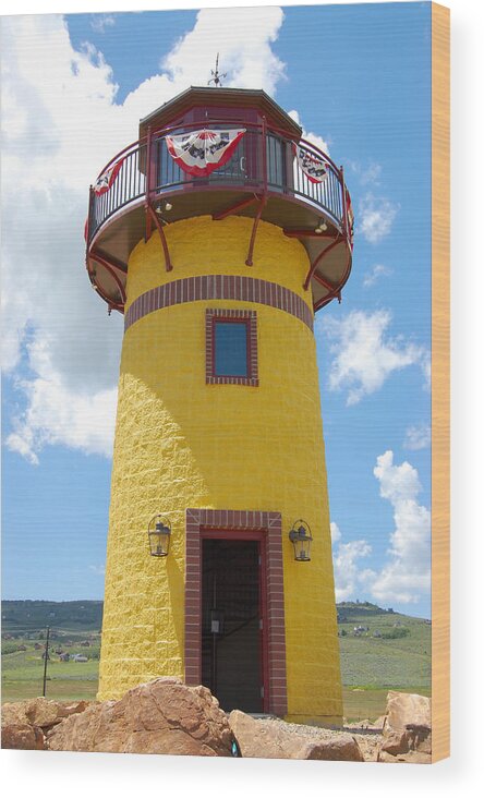 Yellow Red Lighthouse Blue Skies White Clouds Rocks Bear Lake Idaho Wood Print featuring the photograph Yellow Lighthouse by Holly Blunkall