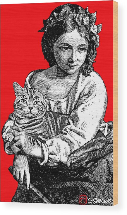 Young Girl Wood Print featuring the mixed media Young Girl With Cat by Gianni Sarcone
