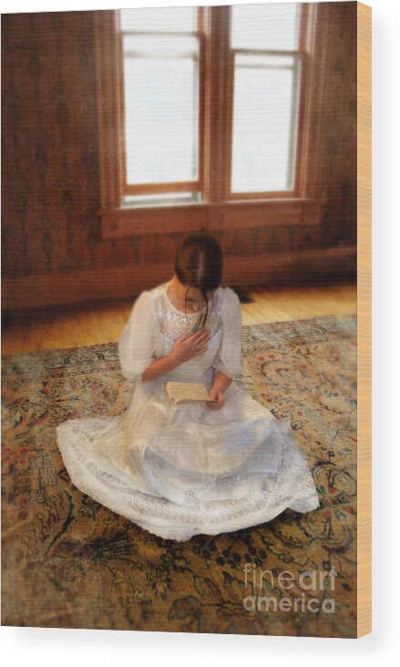 Woman Wood Print featuring the photograph Young Lady in White Gown Reading Letter by Jill Battaglia