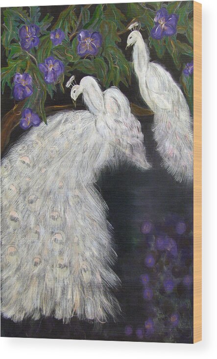 Peacocks Wood Print featuring the painting Albino Peacocks by Mikki Alhart