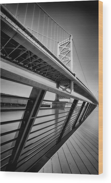 Ben Benjamin Franklin Bridge Philadelphia New Jersey Penns Landing Pier Penn Pennsylvania  Penn Black White Gray Abstract Photography Air High Dynamic Range Daylight Long Shutter Cannon Wood Print featuring the photograph Ben Franklin #1 by Paul Watkins