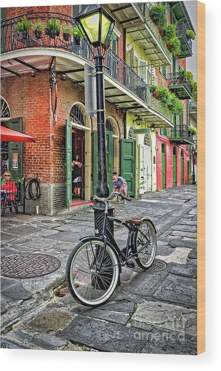 Bike Wood Print featuring the photograph Bike and Lamppost in Pirate's Alley by Kathleen K Parker