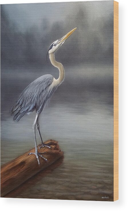 Oil Wood Print featuring the painting Blue Heron #1 by Linda Merchant