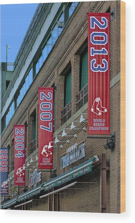 Baseball Wood Print featuring the photograph Fenway Boston Red Sox Champions Banners #1 by Susan Candelario