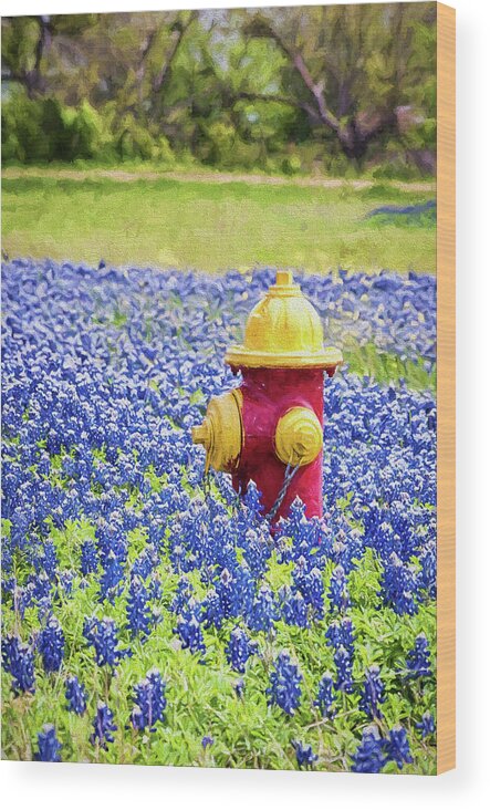 Blue Flowers Wood Print featuring the photograph Fire Hydrant in the Bluebonnets #1 by Victor Culpepper