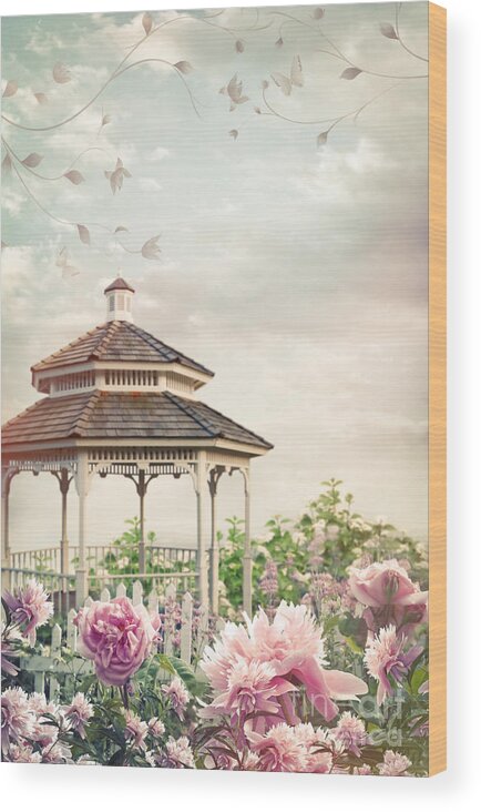 Atmosphere Wood Print featuring the photograph Gazebo in summer flower garden #1 by Sandra Cunningham
