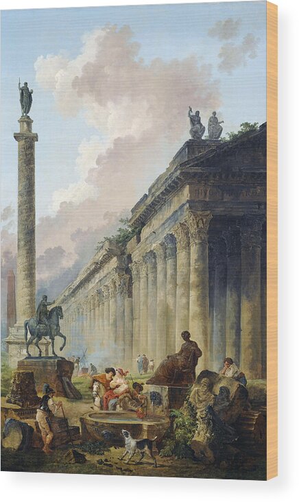 Hubert Robert Wood Print featuring the painting Imaginary View of Rome with Equestrian Statue of Marcus Aurelius, the Column of Trajan and a Temple by Hubert Robert
