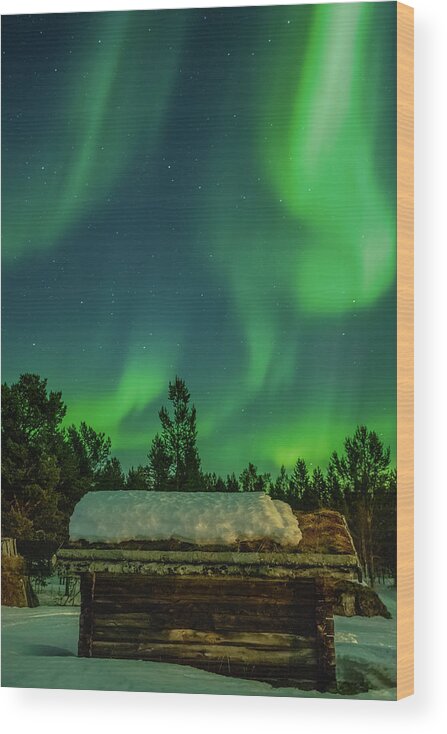Landscape Wood Print featuring the photograph Sapmi Hut Under the Northern Lights Karasjok Norway by Adam Rainoff