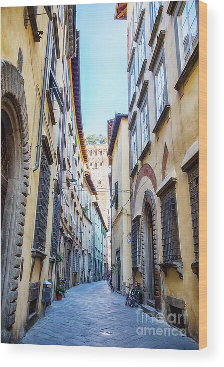 Italy Wood Print featuring the photograph street in old town Lucca, Italy #1 by Ariadna De Raadt