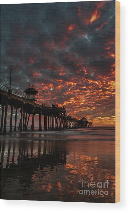 Beach Wood Print featuring the photograph Sunset over Huntington Beach Pier #2 by Peter Dang