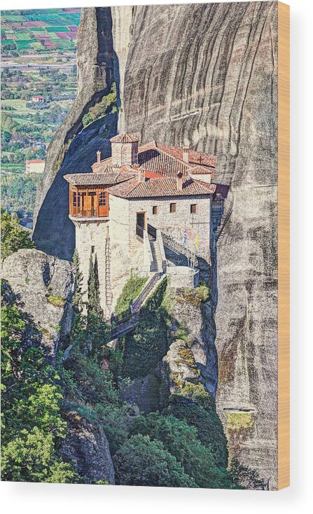 Christ Wood Print featuring the photograph The Roussanou Monastery in the Meteora - Greece #1 by Constantinos Iliopoulos
