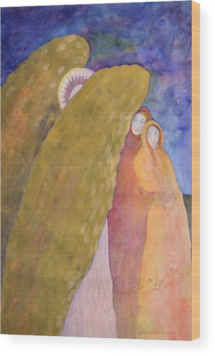 Angel Wood Print featuring the painting Under The Wing Of An Angel by Lynda Hoffman-Snodgrass