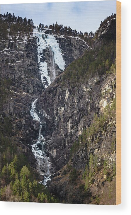 Aurlandsfjord Wood Print featuring the photograph Waterfall Naeroyfjord Dyrdal Norway #1 by Adam Rainoff