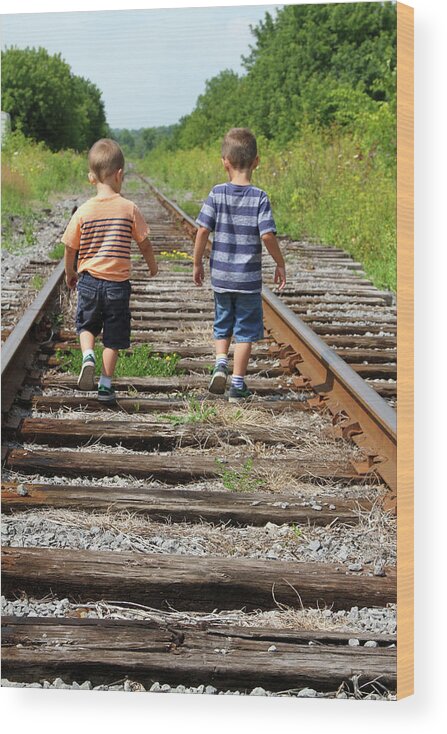 Boys Wood Print featuring the sculpture Young boys on railway tracks #1 by Nadine Mot Mitchell