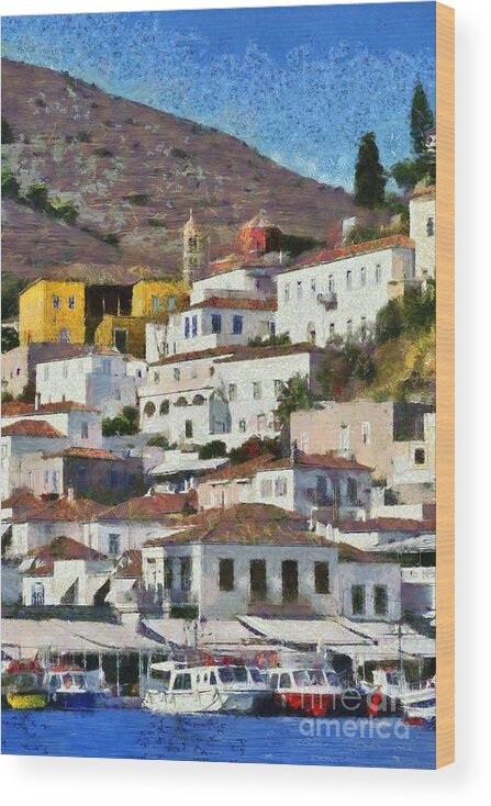 Hydra; Idra; Greece; Hellas; Greek; Hellenic; Argosaronic; Town; Village; Chora; Island; Islands; Holidays; Vacation; Travel; Trip; Voyage; Journey; Tourism; Touristic; Summer; Summertime; Traditional; Architecture; Tradition; Sea; House; Houses; Boat; Boats; Fishing; Port; Harbor; Paint; Paints; Painting; Paintings; Illustration; Illustrations Wood Print featuring the painting Hydra island #1 by George Atsametakis