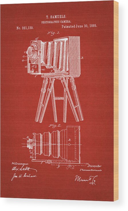 Patent Wood Print featuring the digital art 1885 Camera US Patent Invention Drawing - Red by Todd Aaron
