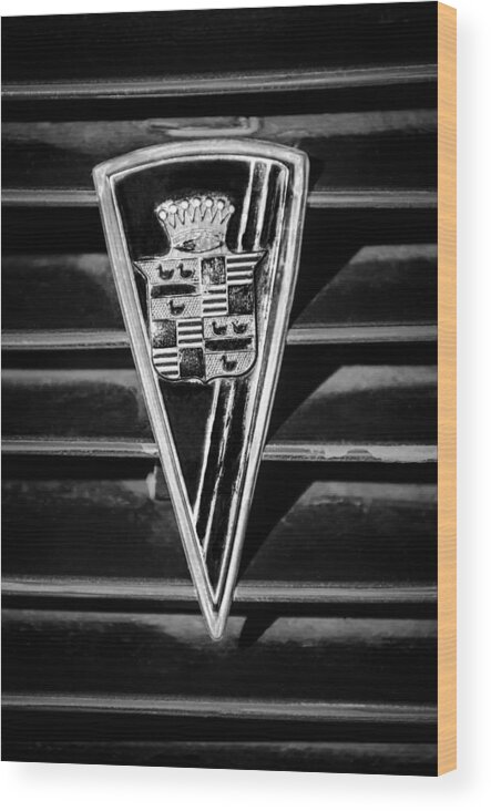 1936 Cadillac Fleetwood Emblem Wood Print featuring the photograph 1936 Cadillac Fleetwood Emblem -0451bw by Jill Reger