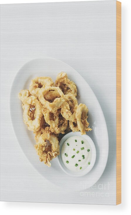 Aioli Wood Print featuring the photograph Fried Calamari Squid Rings With Aioli Garlic Sauce #2 by JM Travel Photography