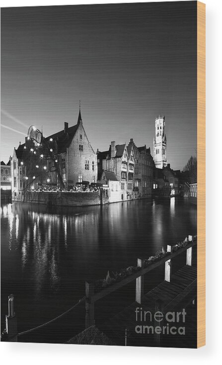 Rozenhoedkaai Area Wood Print featuring the photograph River Dijver and the Belfort at night, Rozenhoedkaai, Bruges #2 by Dave Porter