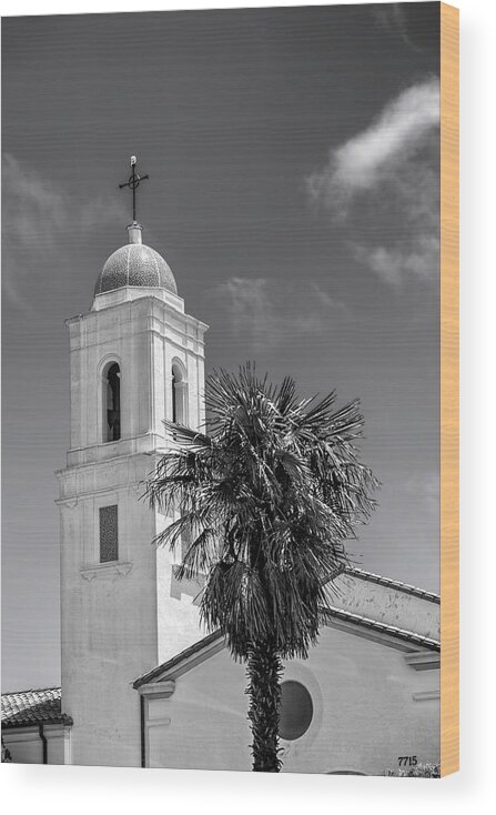 California; La Jolla; Church; Christian Cross; Bell Tower; Sea Gull; June; 2010s; 2017; Monochrome; B/w Photo; Black And White Photograph; Black And White Pictures; Bw Photo Wood Print featuring the photograph 201706090-199K Sea Gull on Cross 2x3 by Alan Tonnesen