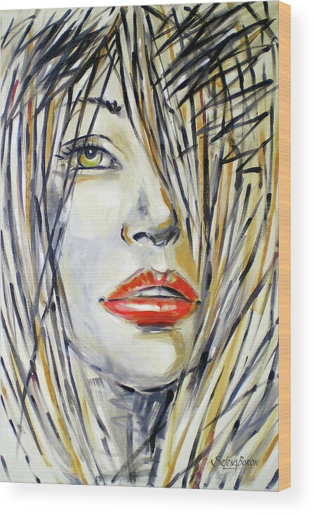 Woman Wood Print featuring the painting Red Lipstick 081208 #1 by Selena Boron