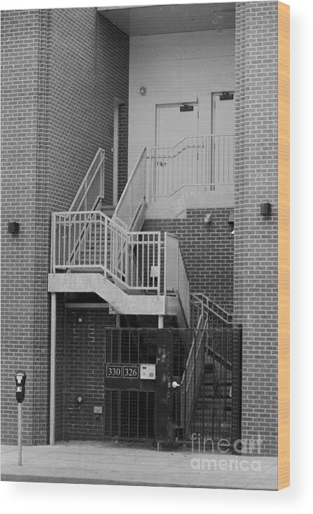 Black White Monochrome Street Stairs City Film Brick Parking Meter Door Gate Fence Hand Handrail Rail Apartment Condo Wood Print featuring the photograph 330 326 by Ken DePue