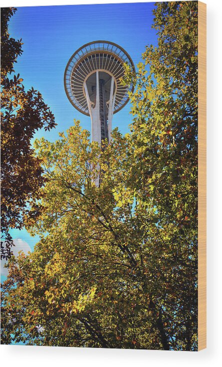 Fall Day At The Space Needle Wood Print featuring the photograph A Peek at the Space Needle by David Patterson
