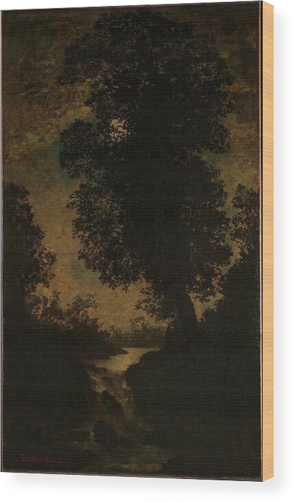 A Waterfall Wood Print featuring the painting A Waterfall, Moonlight by Ralph Albert
